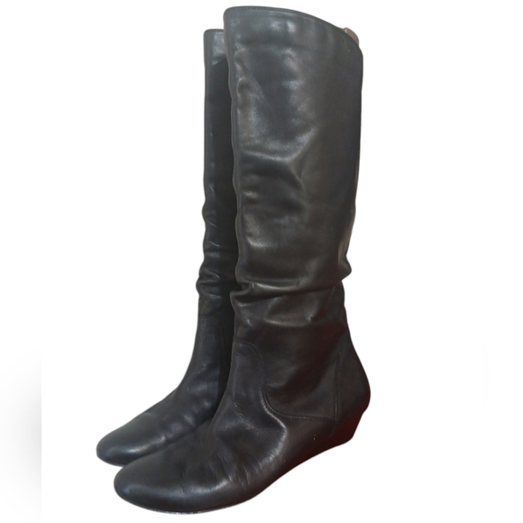 Nine West Tecce Wide Black Leather Knee High Boots Tall Slouch Wedge Boots 7.5 - Picture 15 of 15
